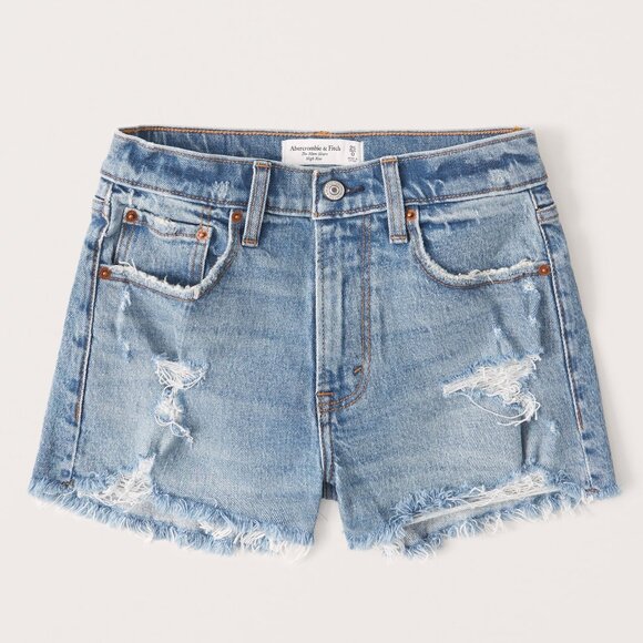 Abercrombie & Fitch Mid Rise Medium Wash Distressed Denim Mom Shorts – 28 (6) - Picture 1 of 16